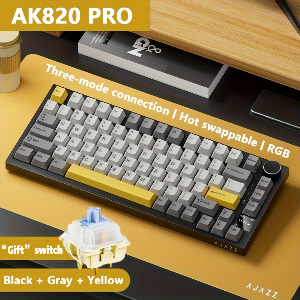 AK820PRO is a 75% mechanical keyboard with TFT display, RGB LED, wireless/2.4G/wired connectivity, knob control, and 4000mAh battery. Available in black, gray, and yellow, it is