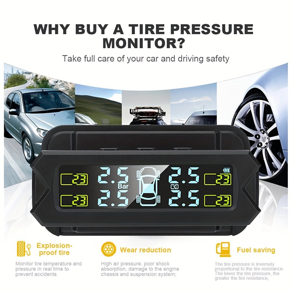 Solar-powered TPMS for accurate monitoring of wheel gas pressure, easily installed on vehicle glass.