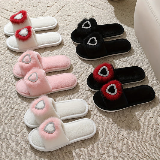 Glam Style Rhinestone Heart Slippers with Plush Casual Design, Comfortable Indoor Home Slip-Ons with EVA Sole, Solid Color Fabric, Hand Washable - Winter Collection