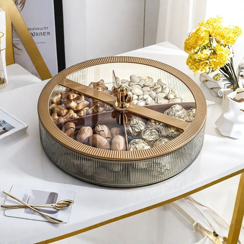 Airtight snack tray with lid for storing nuts and dried fruits in a round plastic container.