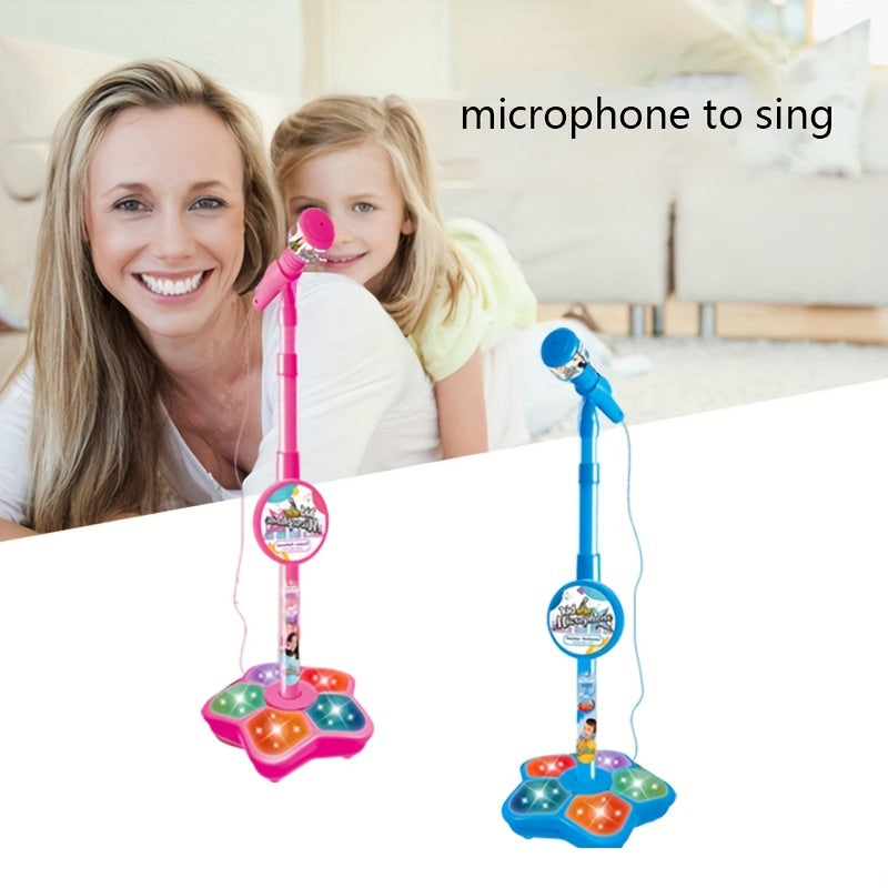 Kids' Karaoke Microphone with Stand - Adjustable height, light effects, MP3/phone connectivity. Perfect birthday gift for boys & girls, engaging, educational toy. Brain-training music