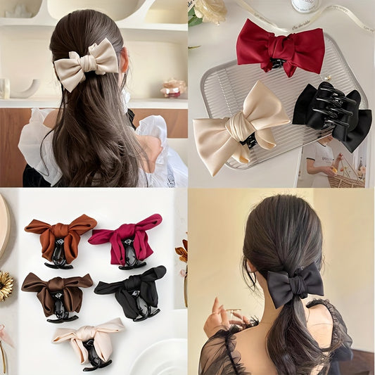 Elegant bowknot hair clip in khaki and black for women's daily wear, non-slip and perfect for ponytails.