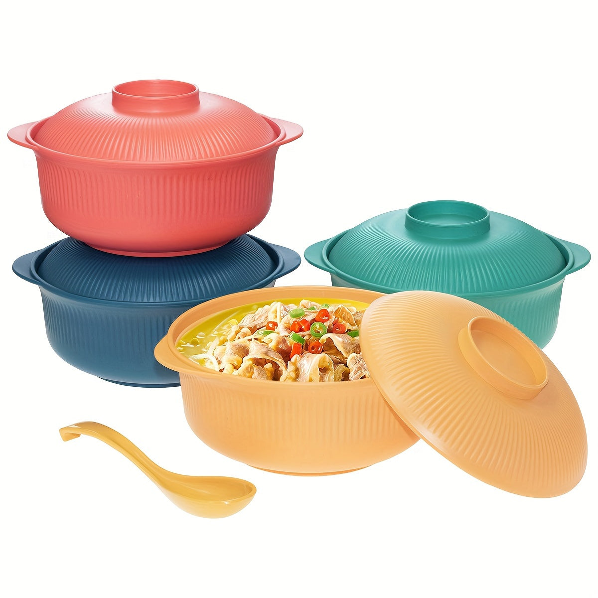 Large capacity casserole-style bowl set with lid, includes long soup spoon. Portable 1100ml/38oz bowl, ideal for Japanese and Korean-style ramen, rice, or lunch. Suitable for family restaurants and student use.