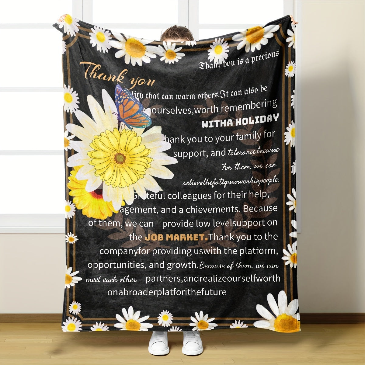 Stylish Knitted Polyester Throw Blanket Featuring Thank You Message for Friends and Colleagues, Perfect Gift for All Seasons, Adorned with Floral and Butterfly Details.