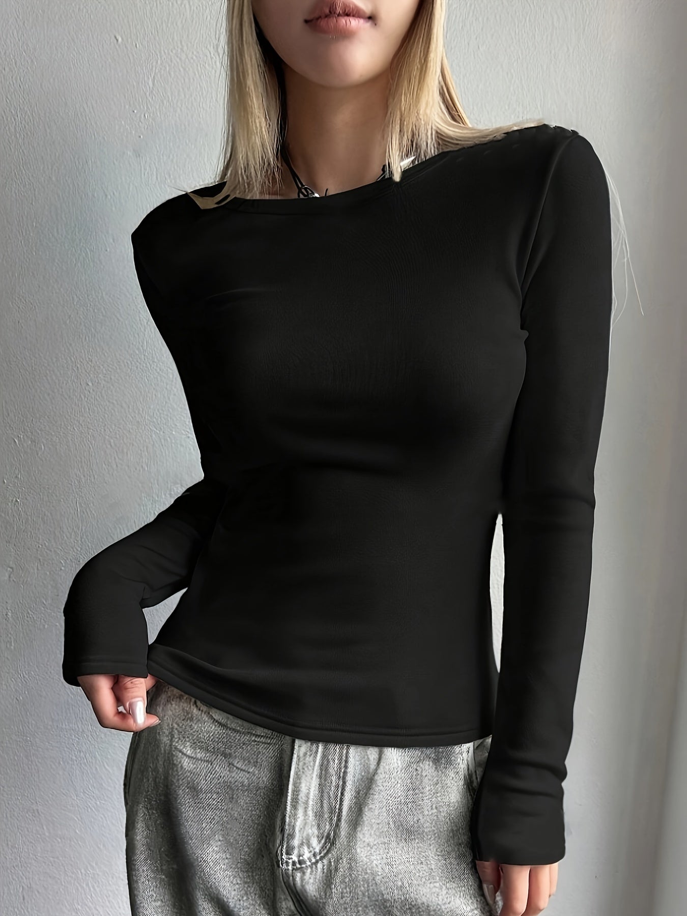 Basic Women's Crew Neck Top - Long Sleeve Solid Color Shirt for Fall/Winter - 95% Polyester, 5% Elastane Stretch Fabric