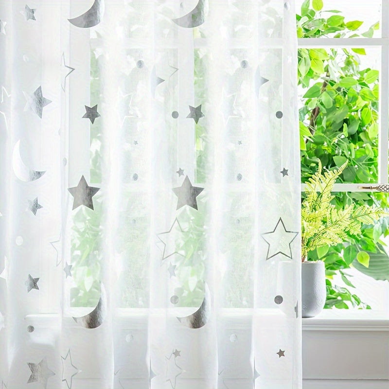 White tulle curtains with shiny silver and golden stars moon cartoon design, perfect for kids' room. Can also be used as modern and cute window treatment sheers for living room or bedroom. Features 1PC rod pocket top for easy hanging.