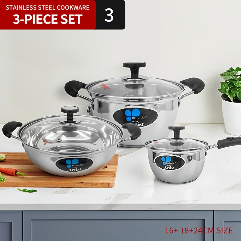 Stainless Steel Cookware Set - Includes 3 Pieces, Compatible with Induction & Gas Stoves, Ideal for Home Kitchens