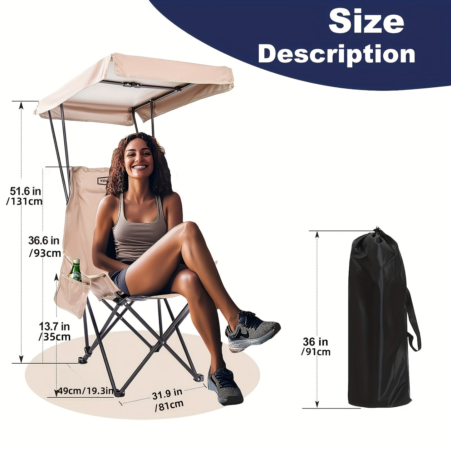 Portable folding camping chair with adjustable sun shade canopy, side pockets, 50+UPF sun protection, durable 600D Oxford fabric. Supports up to 149.69 KG, ideal for beach, camping, outdoor