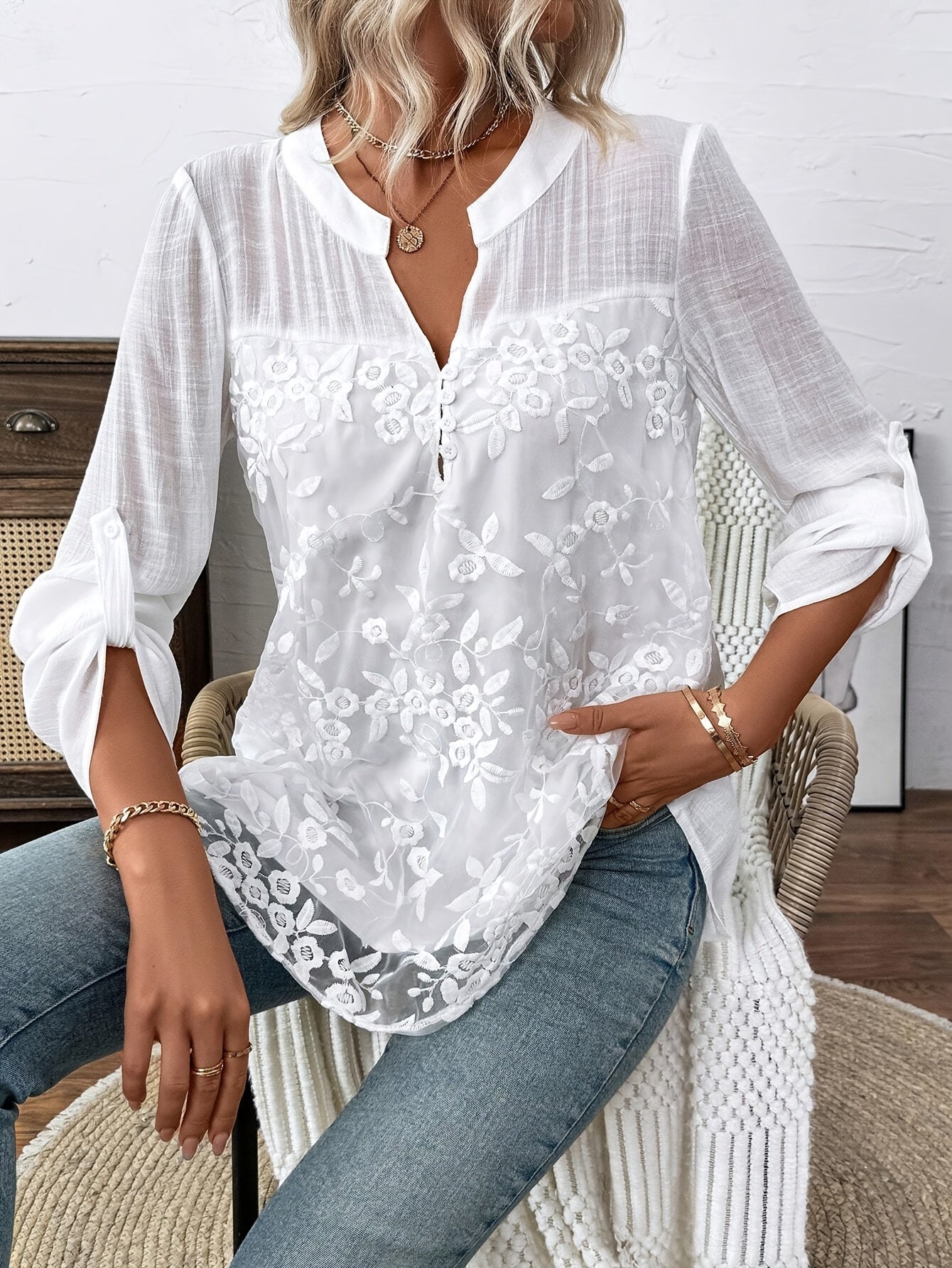 1pc Floral Embroidered Polyester Crew Neck Long Sleeve Blouse for Women, Spring/Fall Shirting Shirt