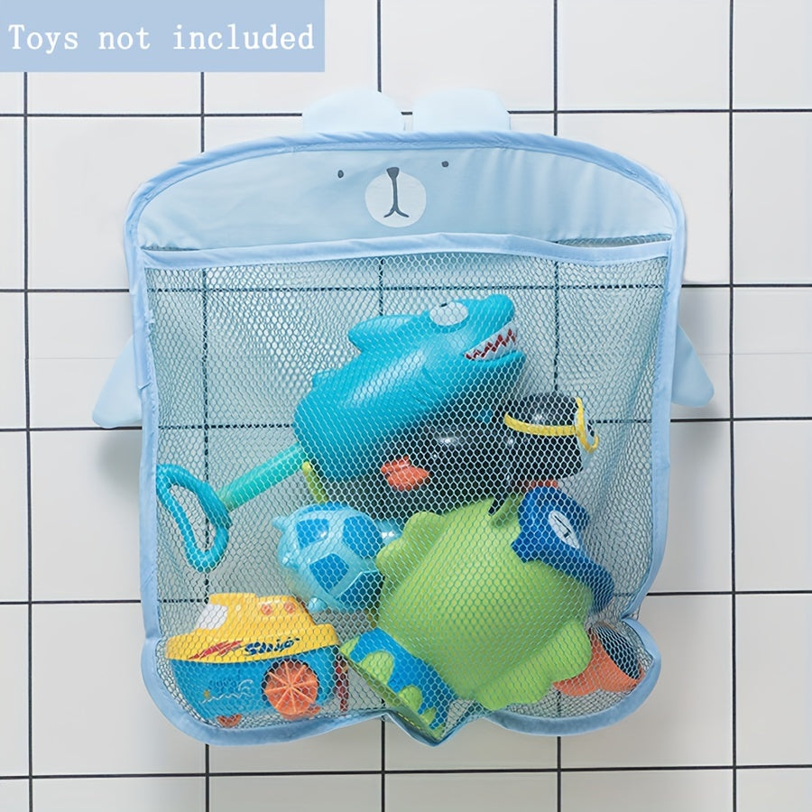 Hanging bath toy organizer with cute animal design and suction cups for easy storage of toys and bathroom items without needing electricity.