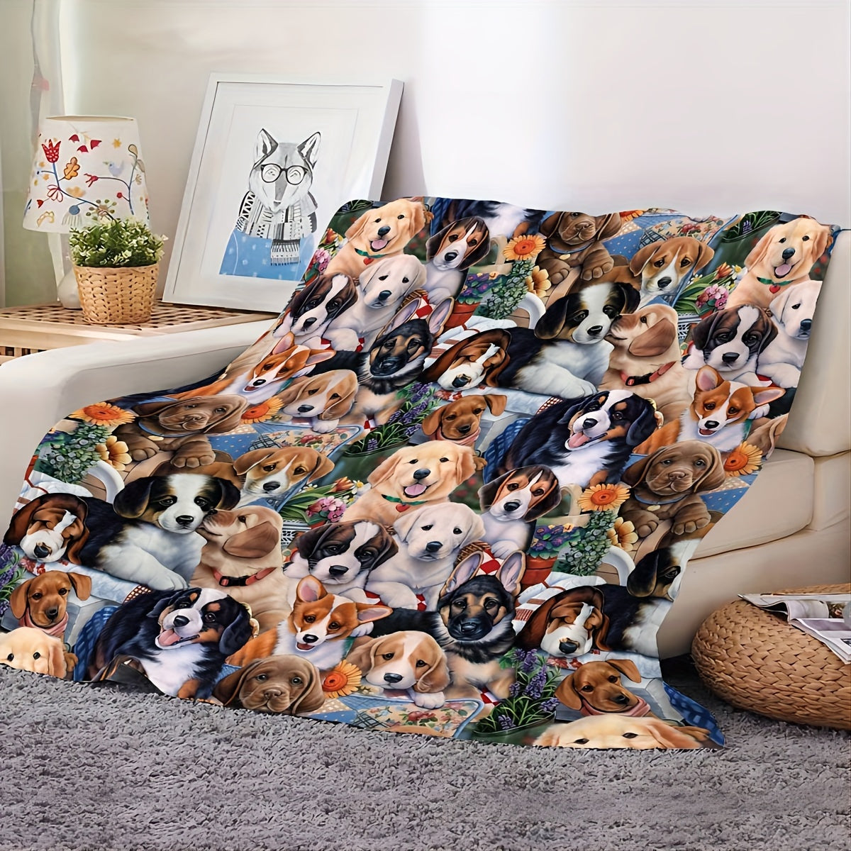 Soft and warm throw for dogs in cozy flannel material - perfect for couch and bed. Machine washable for all-season comfort.