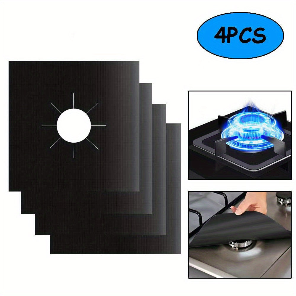 Four pieces of double thickness non-stick stove burner covers - easily cleaned and reusable for gas stoves. These covers protect cooking surfaces and prevent scratches and burns.