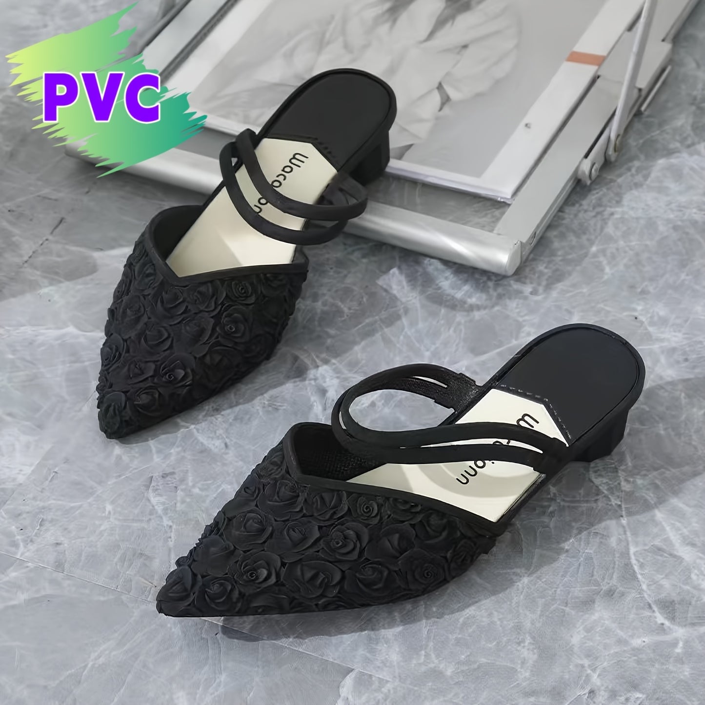 PVC slide sandals with floral print, pointed toe, and mid-heel for outdoor fashion.