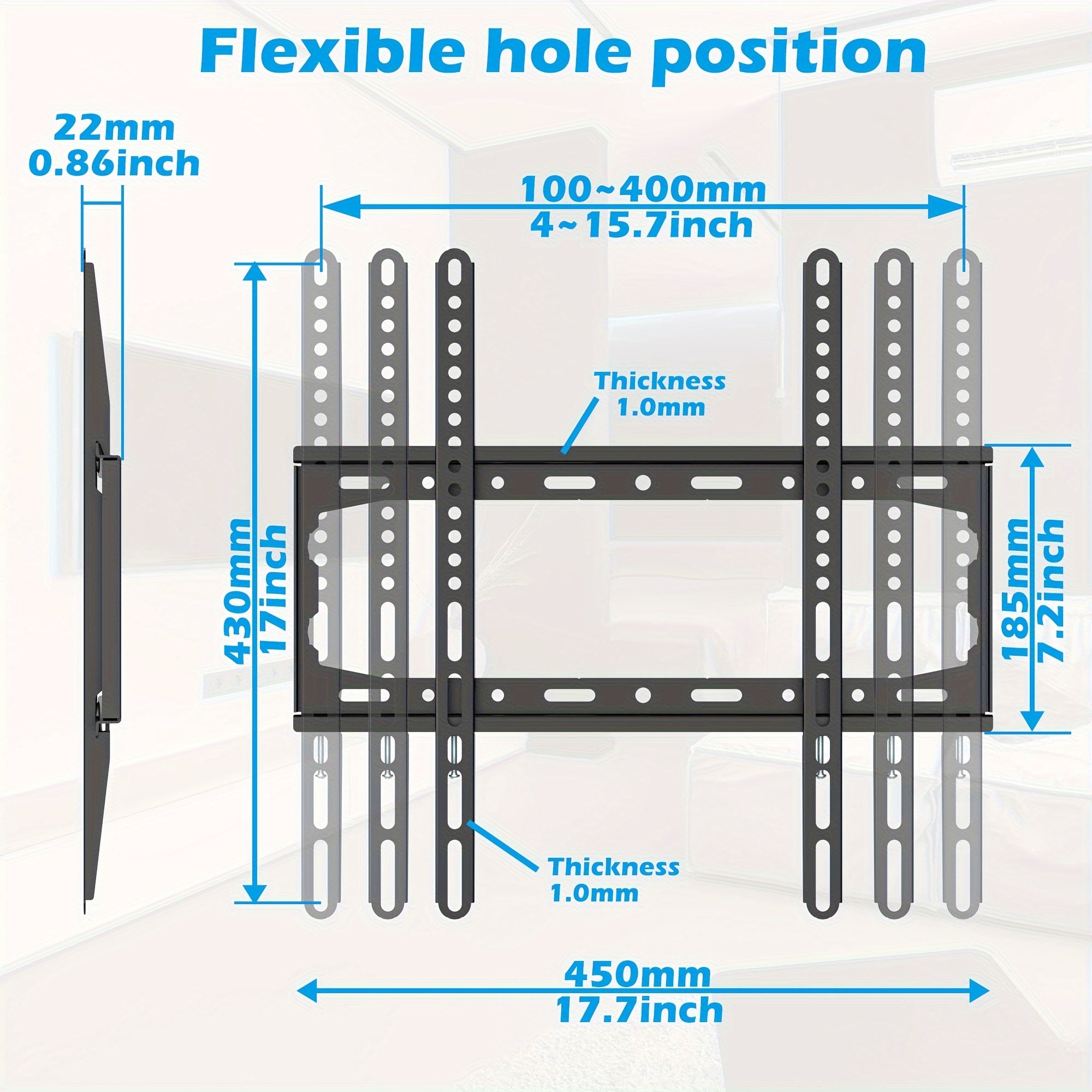 This wall-mount bracket is designed for 26"-60" flat screen TVs and has a slim profile. It is compatible with VESA 400x400mm and can hold up to 55lbs. Made of 1.0mm thick metal, it does not require power to operate.