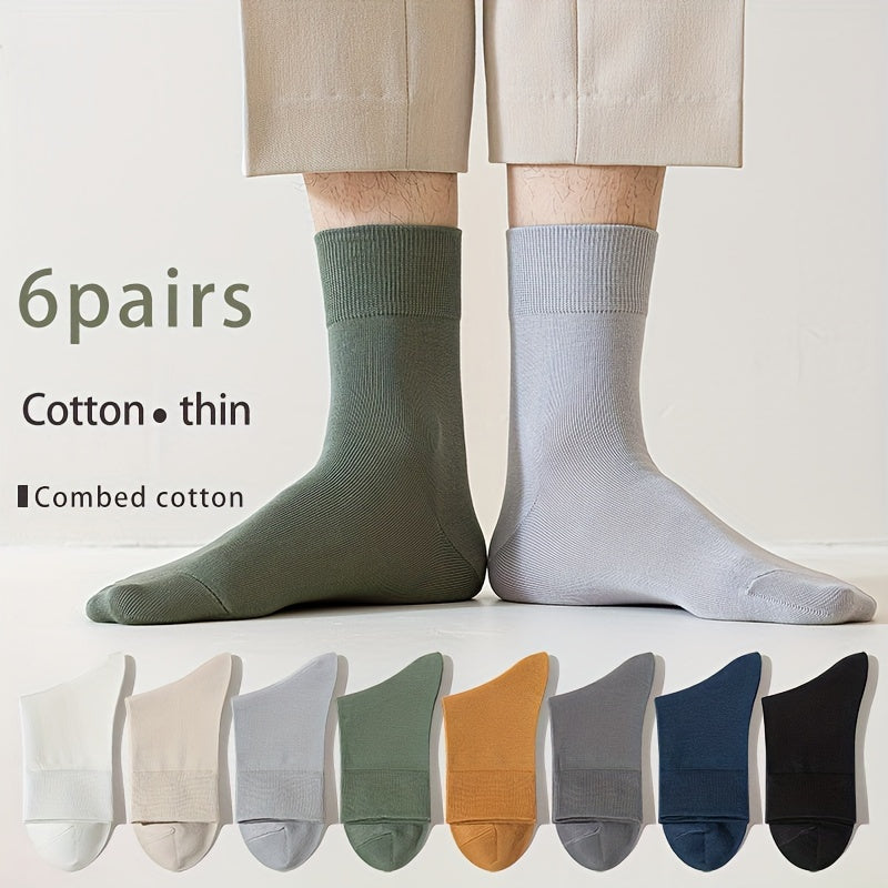 6 pairs of men's solid crew socks, thin cotton, breathable and sweat-absorbent for all seasons