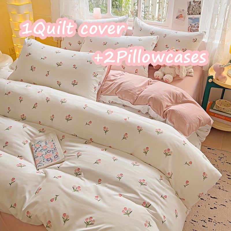 3-piece bedding set includes 1 quilt cover and 2 pillowcases with floral design. Cozy, breathable, and suitable for all seasons. Machine washable with no fading or deformation. Ideal for a