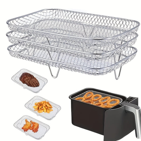 Stainless Steel Air Fryer Accessory Set includes three pieces - Multifunctional Rectangular Rack, Microwave Safe, Stackable, and Non-Stick Coating. Compatible with Most Air Fryers, also includes Air Fryer Liners.