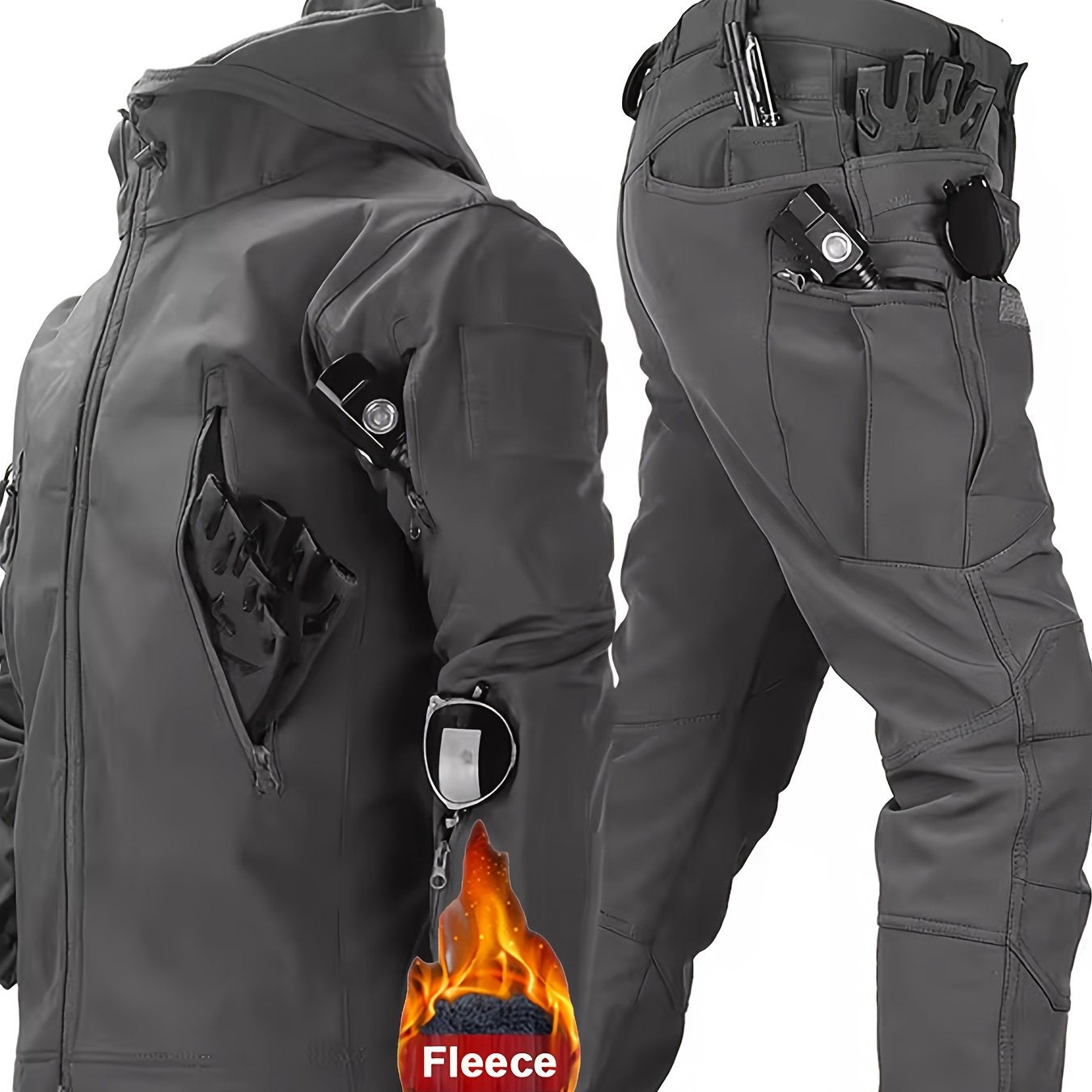 Men's tactical jacket and cargo pants set with fleece lining - perfect for outdoor activities in cold weather.