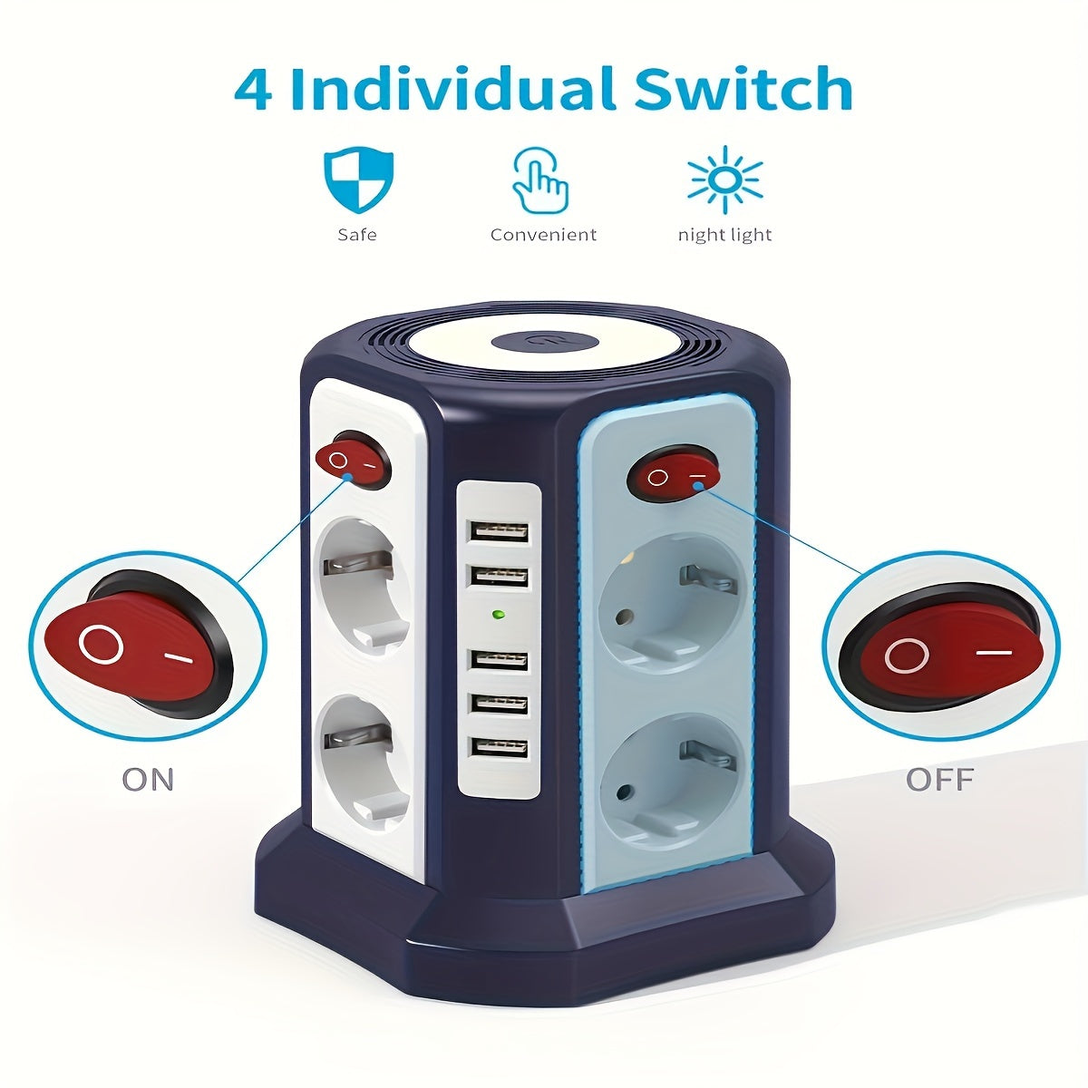 Multi-socket power outlet with 5 USB-A ports, 8 sockets, 4 independent switches, and 3 meters extension cable for home and office use.