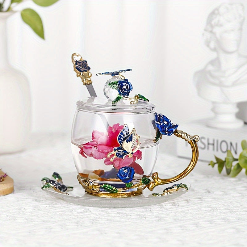 Rose enamel crystal tea cup featuring butterfly and rose design, heat resistant for coffee and water, perfect gift.