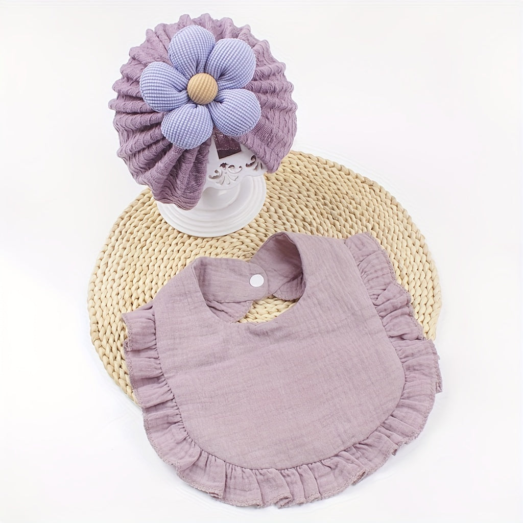 2pc Youngsters Girl's Floral Hat and Bib Set made of soft, stretchy polyester with adjustable snap closure. Perfect for casual attire and birthday celebrations. Great addition to a young