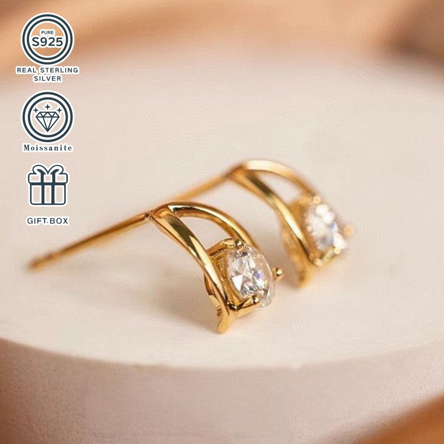 These 1ct*2 carat Moissanite earrings are set in S925 sterling silver and plated with 18K Gold. The total weight of the earrings is approximately 2.5g, making them a perfect anniversary gift for women who appreciate high-quality jewelry.