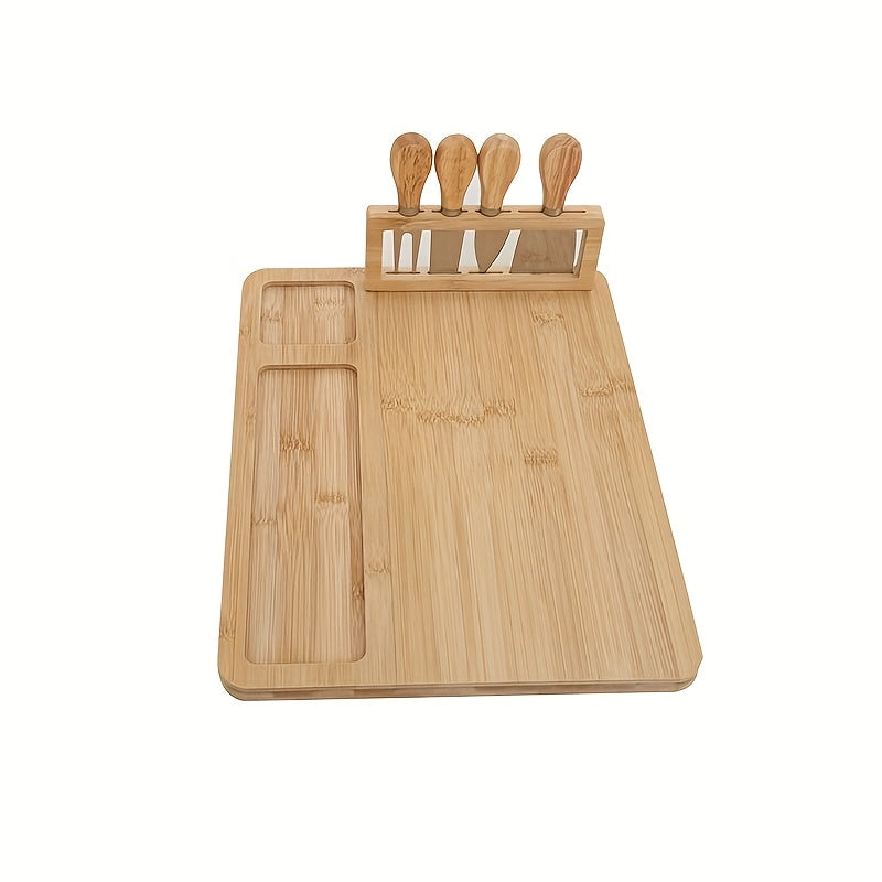 Versatile bamboo cheese board set with knife for festive occasions – perfect for serving cheese, fruit, and nuts.