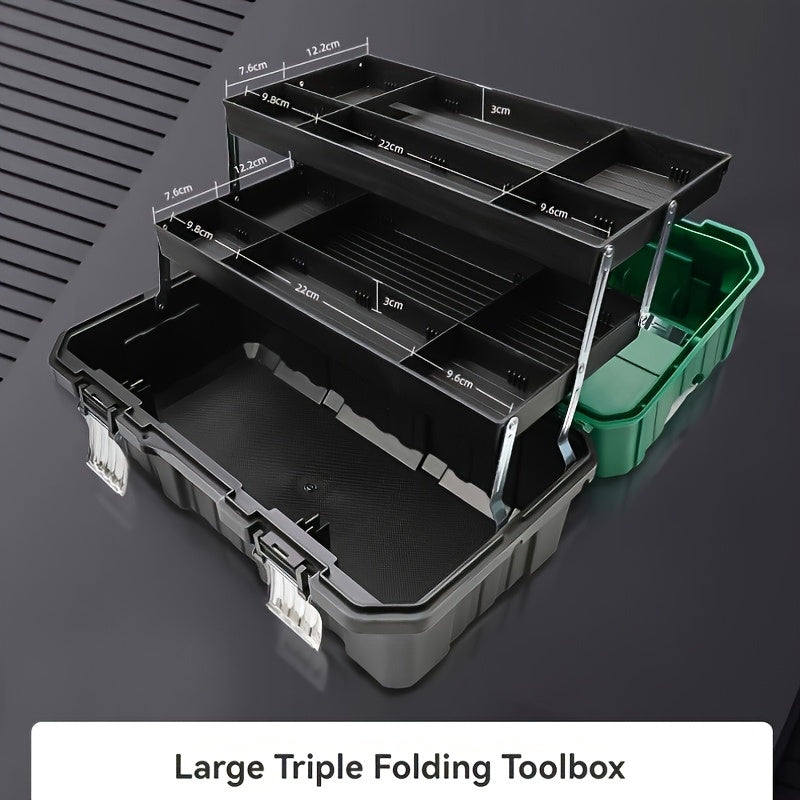 TUOSEN 16-inch Triple-Layer Folding Toolbox - Waterproof Plastic Organizer for Electricians & Carpenters with Multi-Compartment Storage.