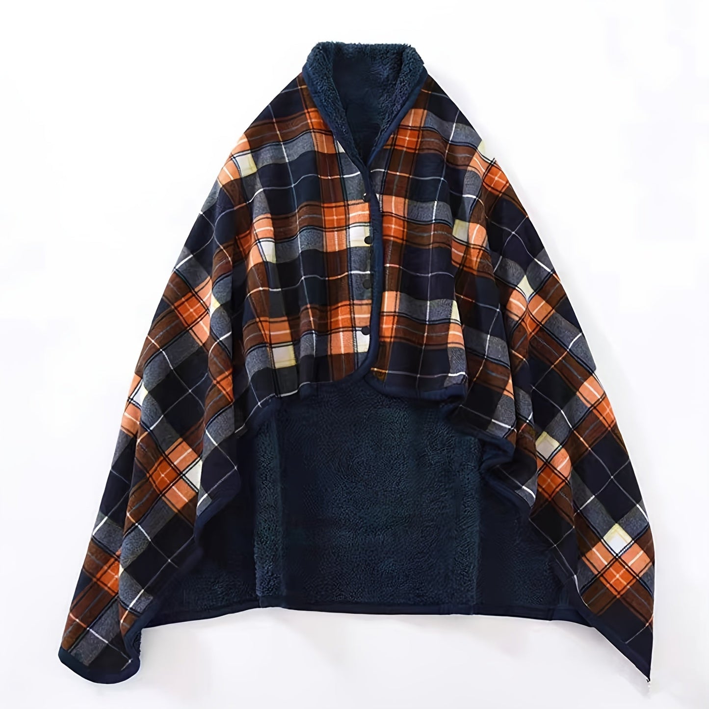 Оставайтесь теплыми и стильными с нашим reversible plaid shawl - толстой и уютной зимней накидкой с удобной кнопочной застежкой, идеально подходящей как для офиса, так и для дома.