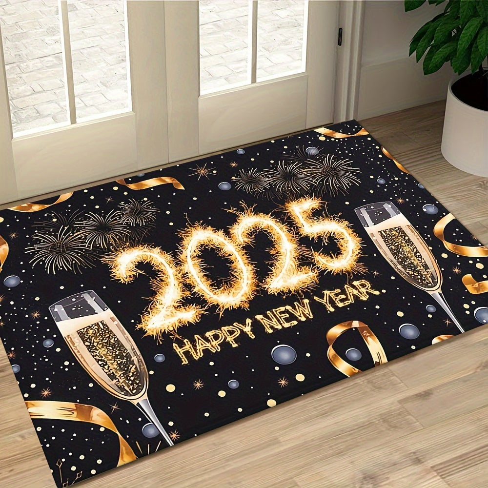 1 piece of rectangular polyester fiber doormat for the year 2025, featuring a festive Champagne cup print. This non-slip mat is machine washable and perfect for entryways, kitchens, living rooms, bedrooms, and bathrooms. It is lightweight, easy to clean