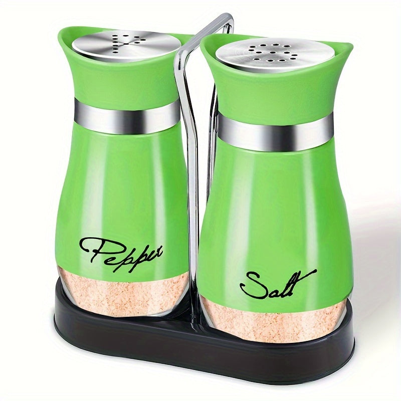 Glass Bottom Salt and Pepper Shaker Set with Stainless Steel Lid - Kitchen Gadgets Cooking Table Accessories with Holder and Glass Bottle - Perfect for Dining Table, RV, Camping, Barbecue - Set of 2