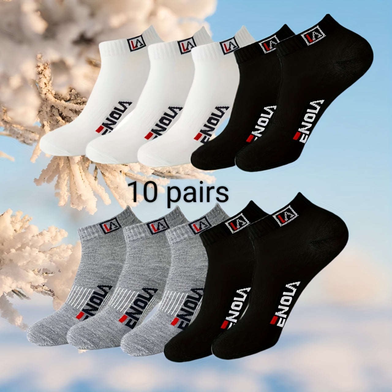 10 pairs of men's casual ankle socks in black, white, and grey with an alphabet pattern, made of 97% polyester and 3% spandex. Knit fabric, hand wash or dry clean only. From the