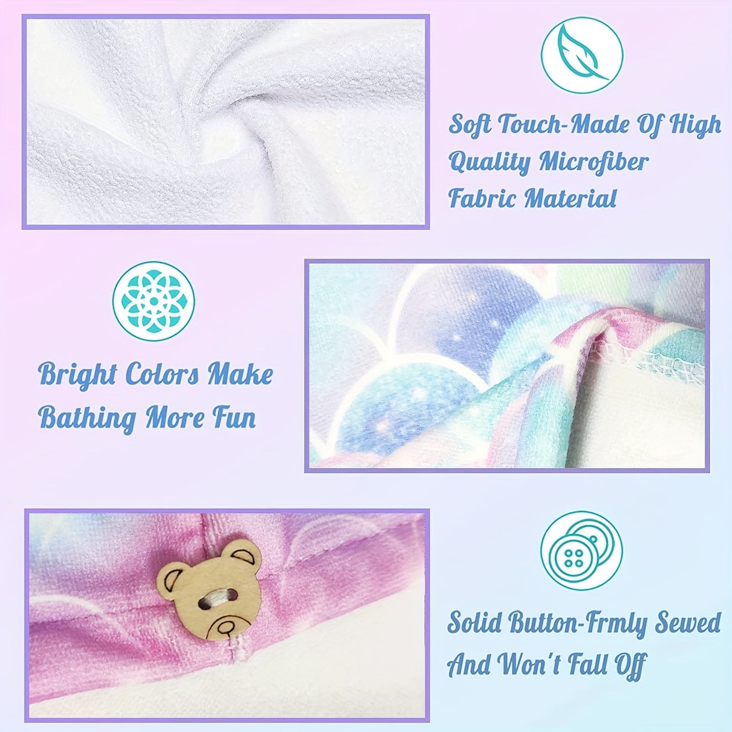 Printed microfiber hair towel for kids with quick-drying soft fabric, and button hair bandana for girls to wrap wet hair in salon.