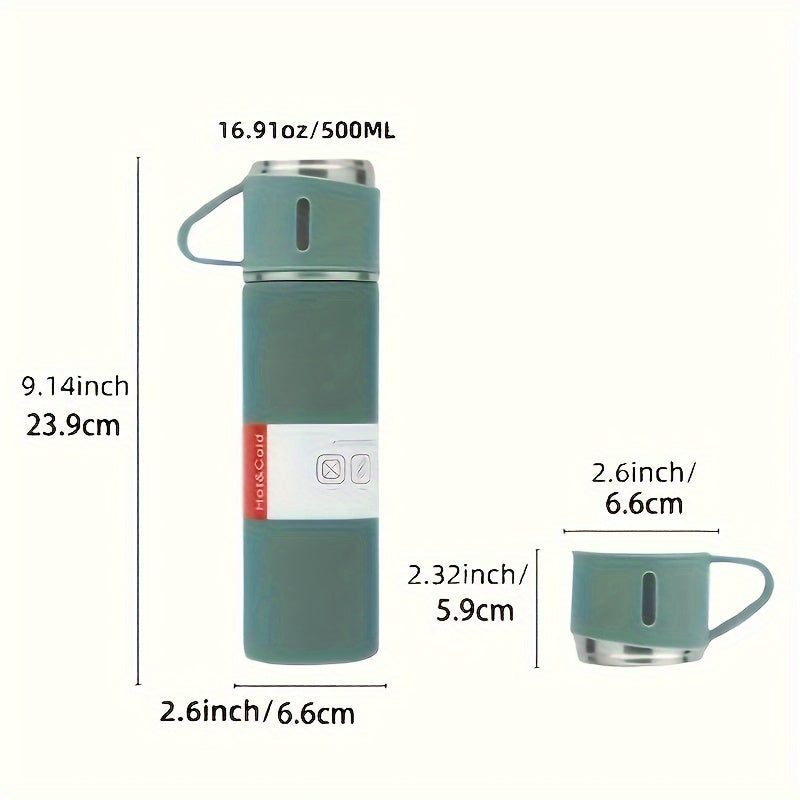 Stainless steel vacuum flask, leakproof, BPA-free, hand wash only - ideal for camping and hiking.