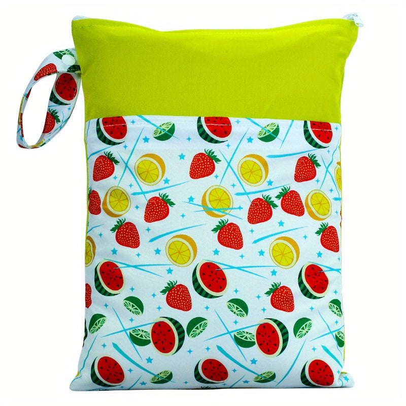 Waterproof multicolor reusable nappies bag with dimensions of 24.99*35.0cm. This wet dry mammy bag features a double pocket, cloth handle, and is a wetbag.