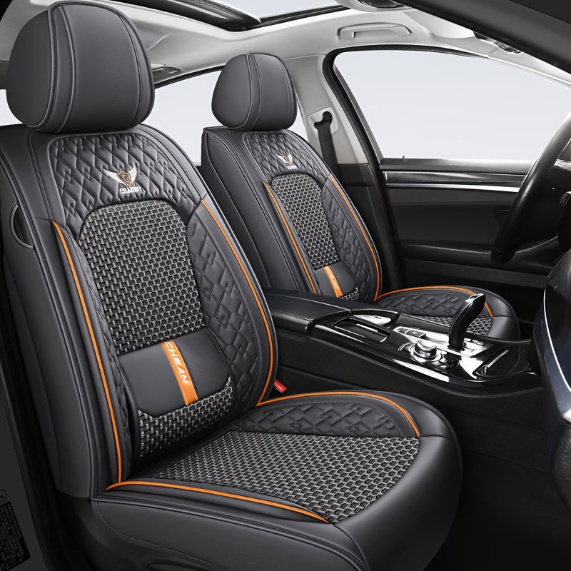 Luxury car seat covers for 5-seat cars in navy blue with orange accents. Made of breathable mesh and PU leather for maximum comfort. Ergonomic contour fit. Includes headrest. Vehicle