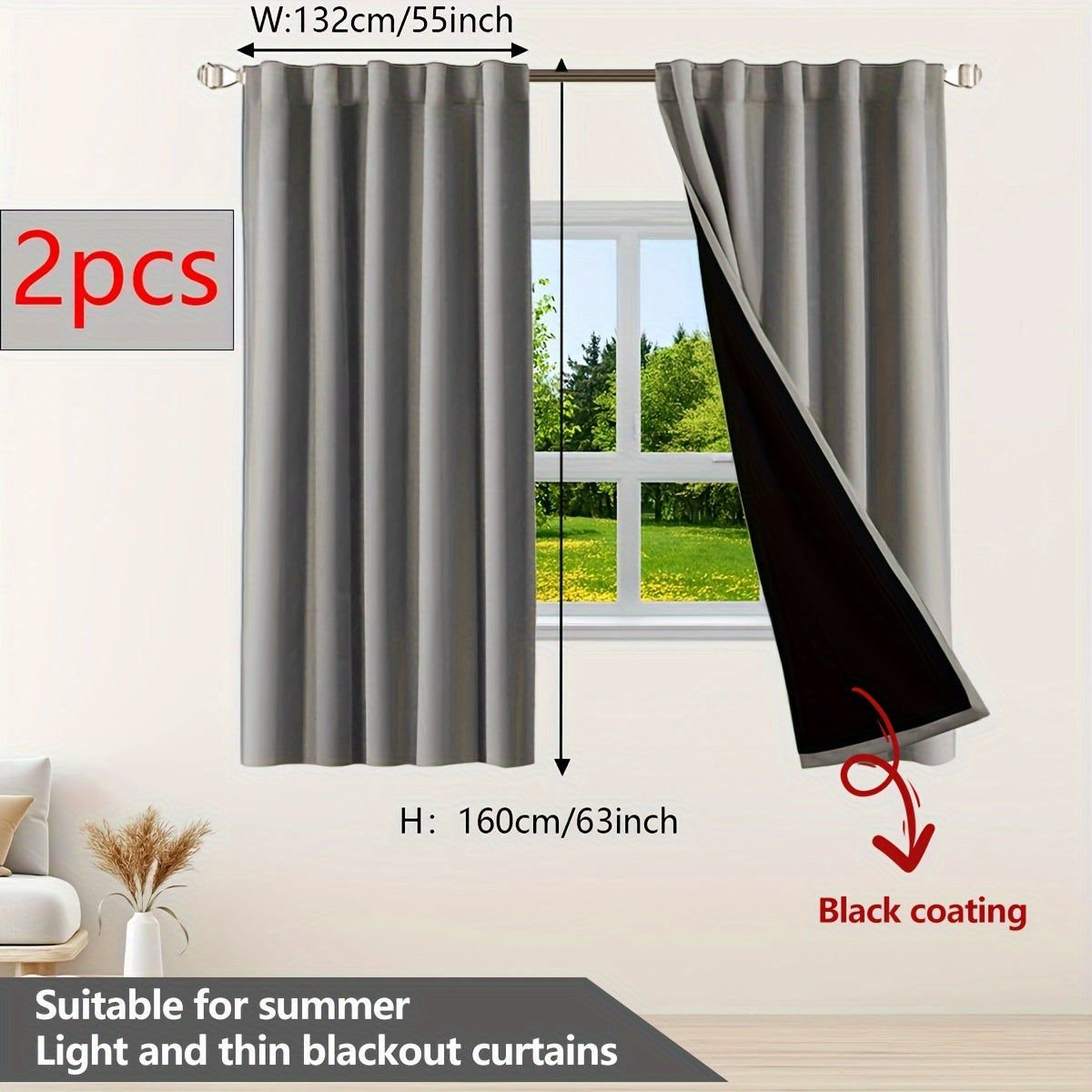 Two pieces of contemporary blackout curtains made from thermal insulated twill weave polyester. They are designed to reduce noise and block out light, making them perfect for the living room, bedroom, or study. These curtains feature a hook and ring rod