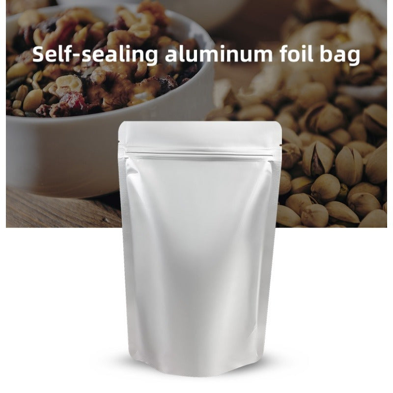 Premium self-sealing aluminum foil bag designed for pet food storage. Features a stand-up ziplock design that is vacuum sealed, waterproof, and moisture-proof. No electricity required for use.