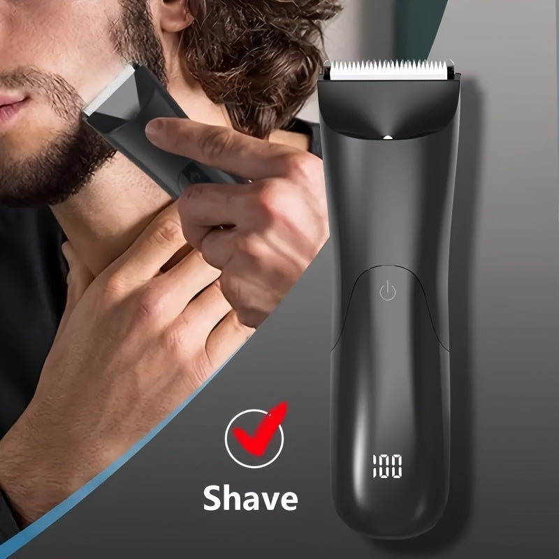 Men's electric trimmer with ceramic blade head, USB rechargeable, for grooming groin and body hair. Comes with 2 protective cover kits and can be used for beard, legs, chest, back, and