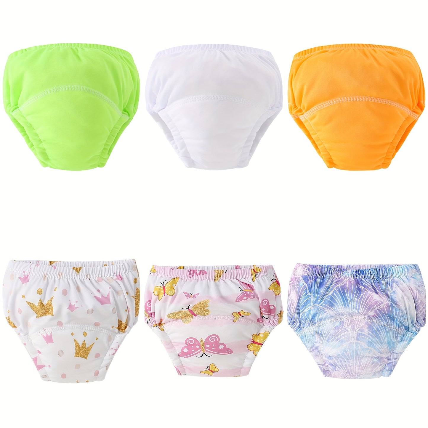 6 sets of washable training pants designed for toddlers, featuring elastic waistbands and activity-friendly cloth diapers made of knit fabric and polyester. Also includes a potty training aid suitable for children aged 0-6 years.