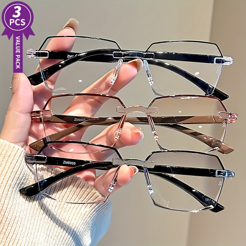 3 pairs of unframed reading glasses with a comfortable and lightweight design, rectangular edge-cut style, and a dioptric power ranging from +1.0 to +4.0 - easy to wear.