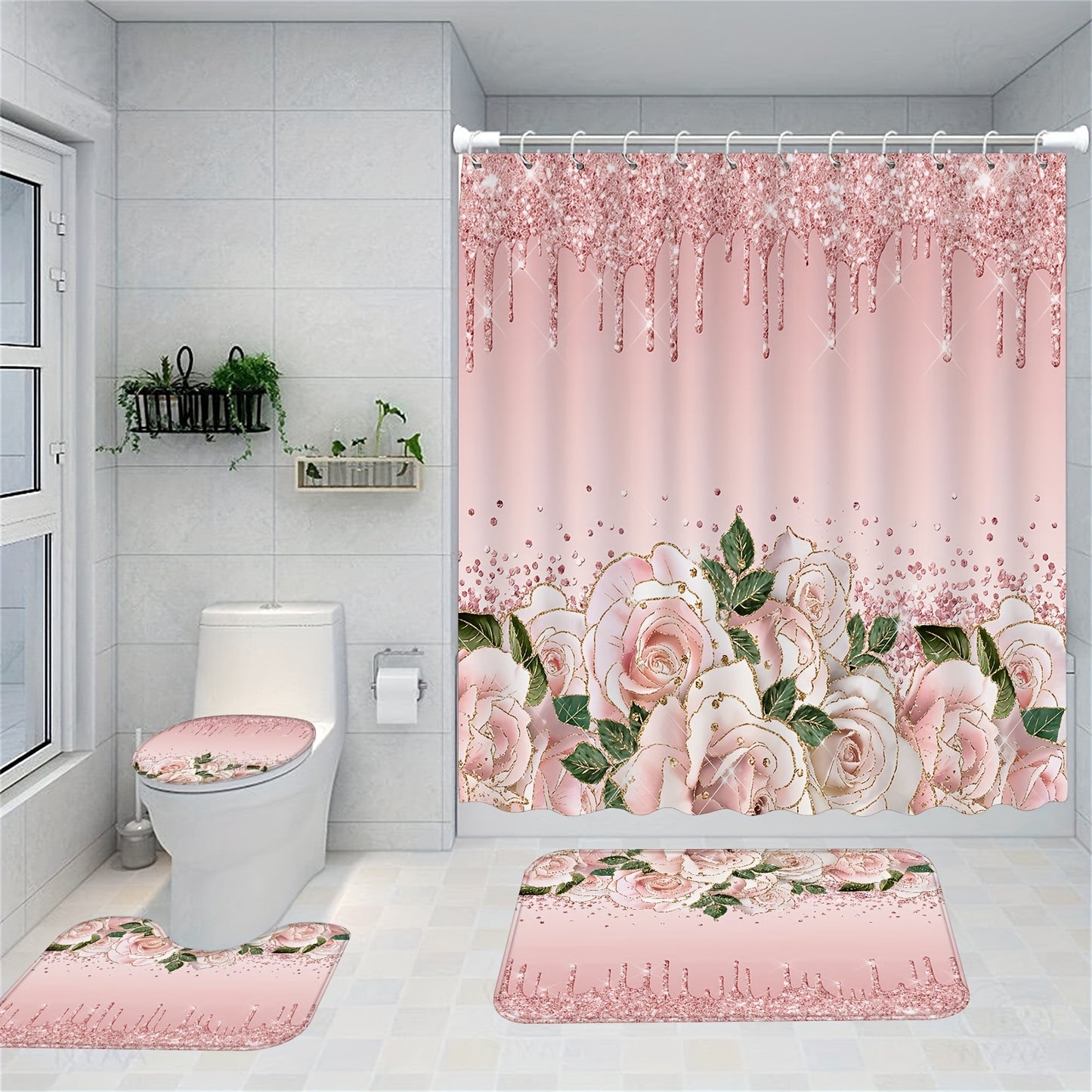 Set of 4 pink rose shower curtains with glitter, includes waterproof curtain, rug, u-shape mat, toilet lid cover, and 12 hooks.