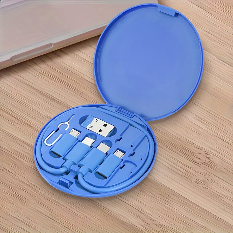 USB charging kit with multiple adapters for USB A, Type C, and Micro, data transfer capabilities, card storage, tray eject pin, and phone holder.