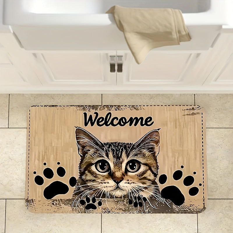 Charming Cat Design Welcome Mat - Durable, Grip-Enhancing, Easy-Clean Polyester Rug for Living Room, Bedroom, or Game Area