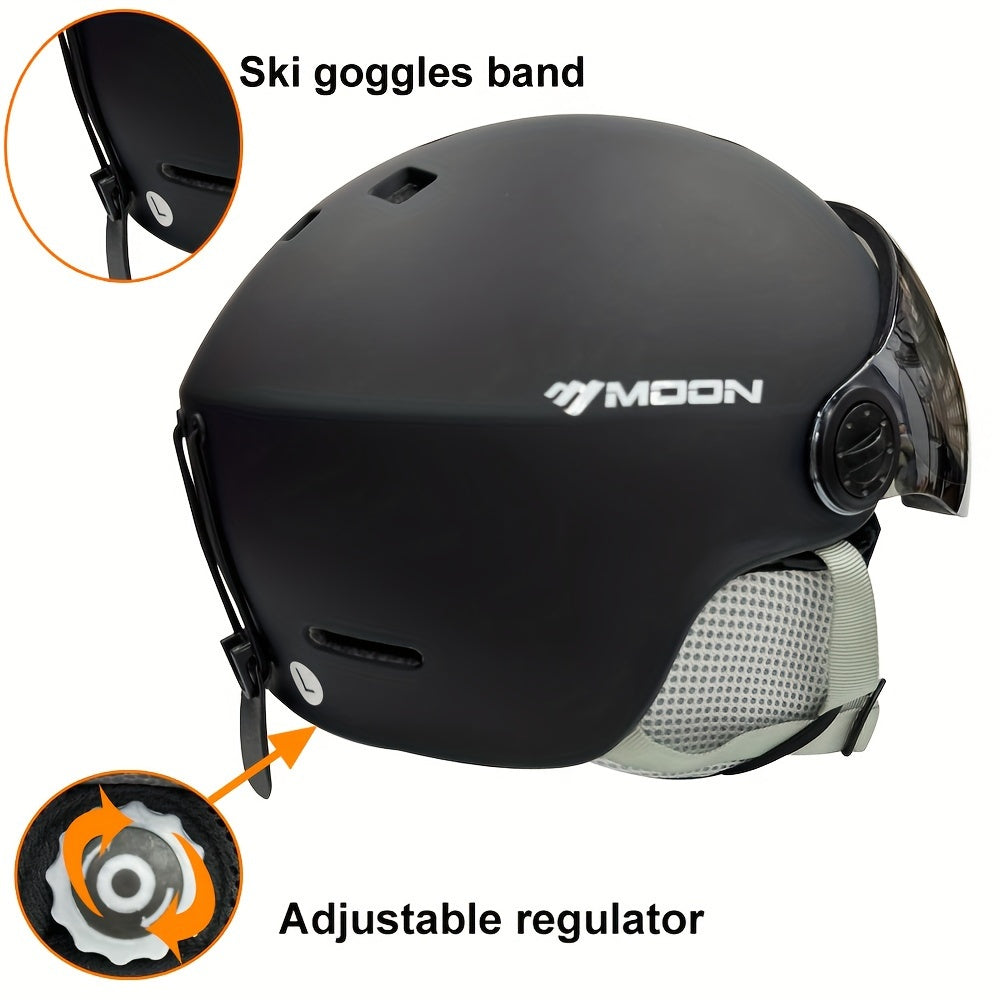 Moon Ski Helmet with Goggles offers all-around protection for outdoor sports like snowboarding and skateboarding. Features include a PC+EPS construction, universal fit, integrated visor