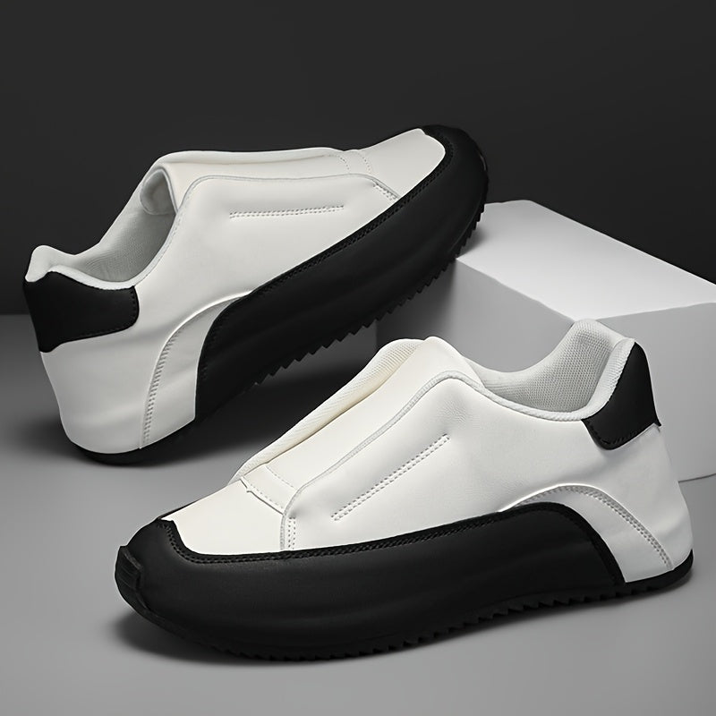 Men's slip-on casual sneakers in black & white with a thick sole, height boosting feature, round toe, and low-top design. Made with PU upper and fabric lining for versatility in all seasons.