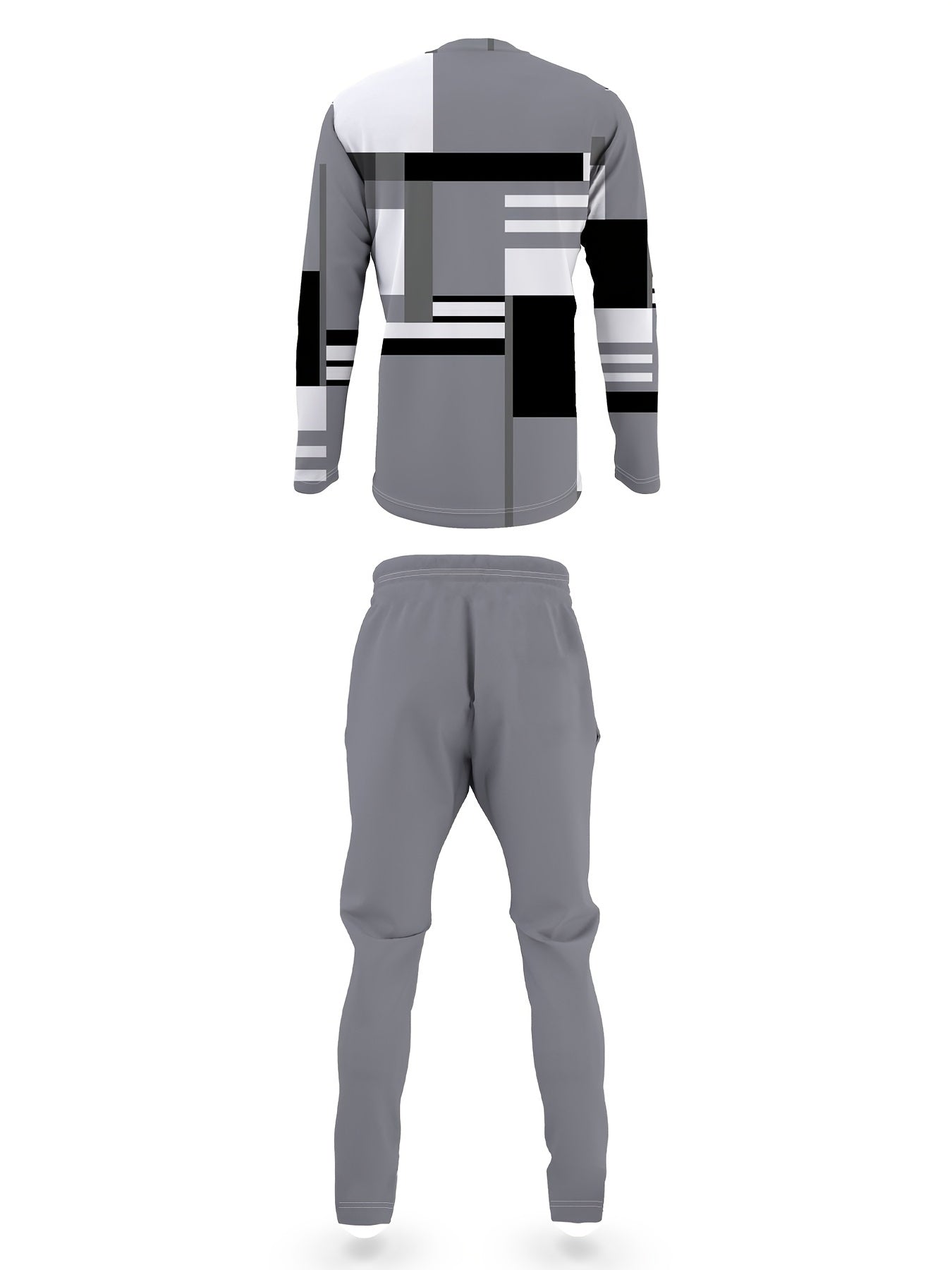 Men's two-piece set with crew neck tops and bottoms made of printed polyester knit fabric with slight stretch, perfect for spring and fall.