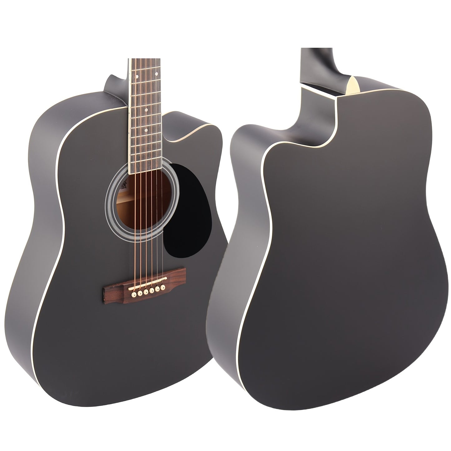 41-inch all mahogany black folk guitar with matte finish, enclosed tuners, tech wood fingerboard, rosewood bridge, black pickguard, includes black gig bag, picks, strap. Eid Al-Adha Mubarak.