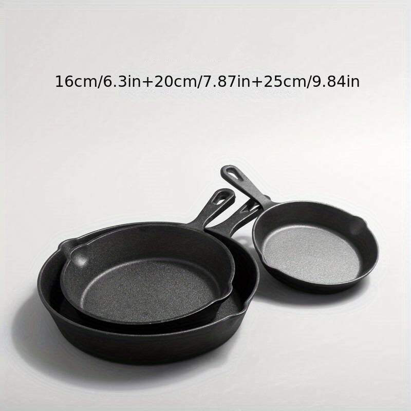 Set of 3 pre-seasoned cast iron skillets with pour spouts and convenient dual handles, suitable for both indoor and outdoor cooking.