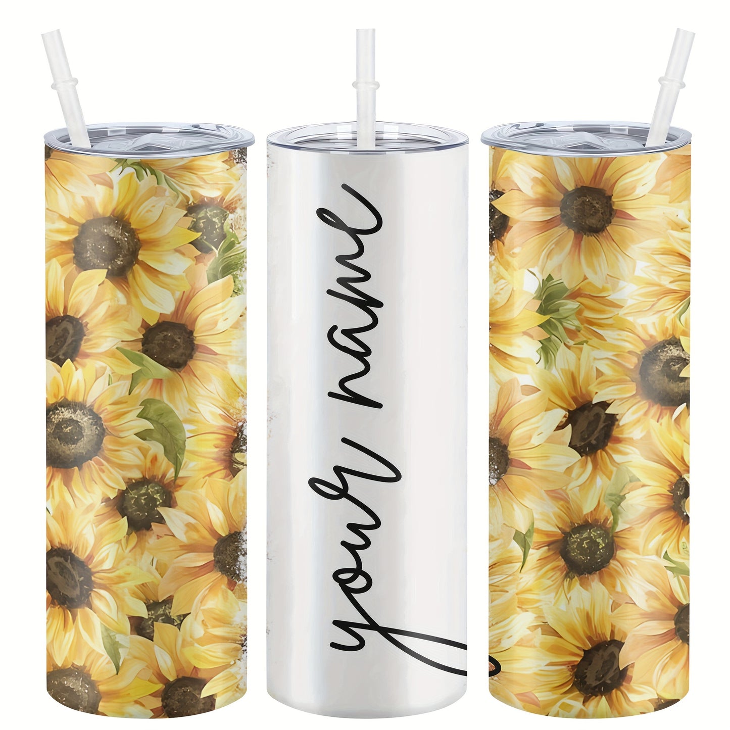 Customized sunflower stainless steel water bottle, 20oz with lid and straw, BPA-free, shatterproof, machine washable, perfect for outdoor travel and Valentine's Day gift.